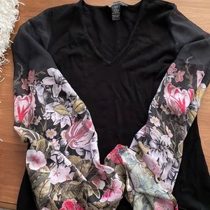 INC Black blouse Petite/Small with flowers sleeve